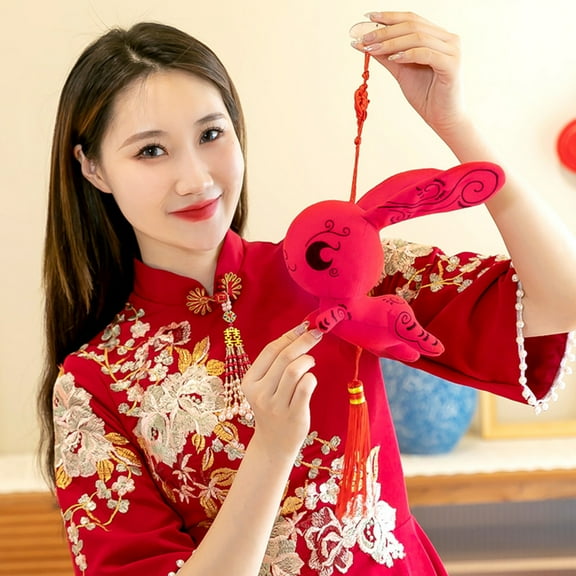 Rabbit Plush Pendant with Sucker Chinese Knot Tassel Design Lucky Red Bunny Doll Hanging Ornament PP Cotton New Year Mascot Doll Stuffed Animal Home Decoration