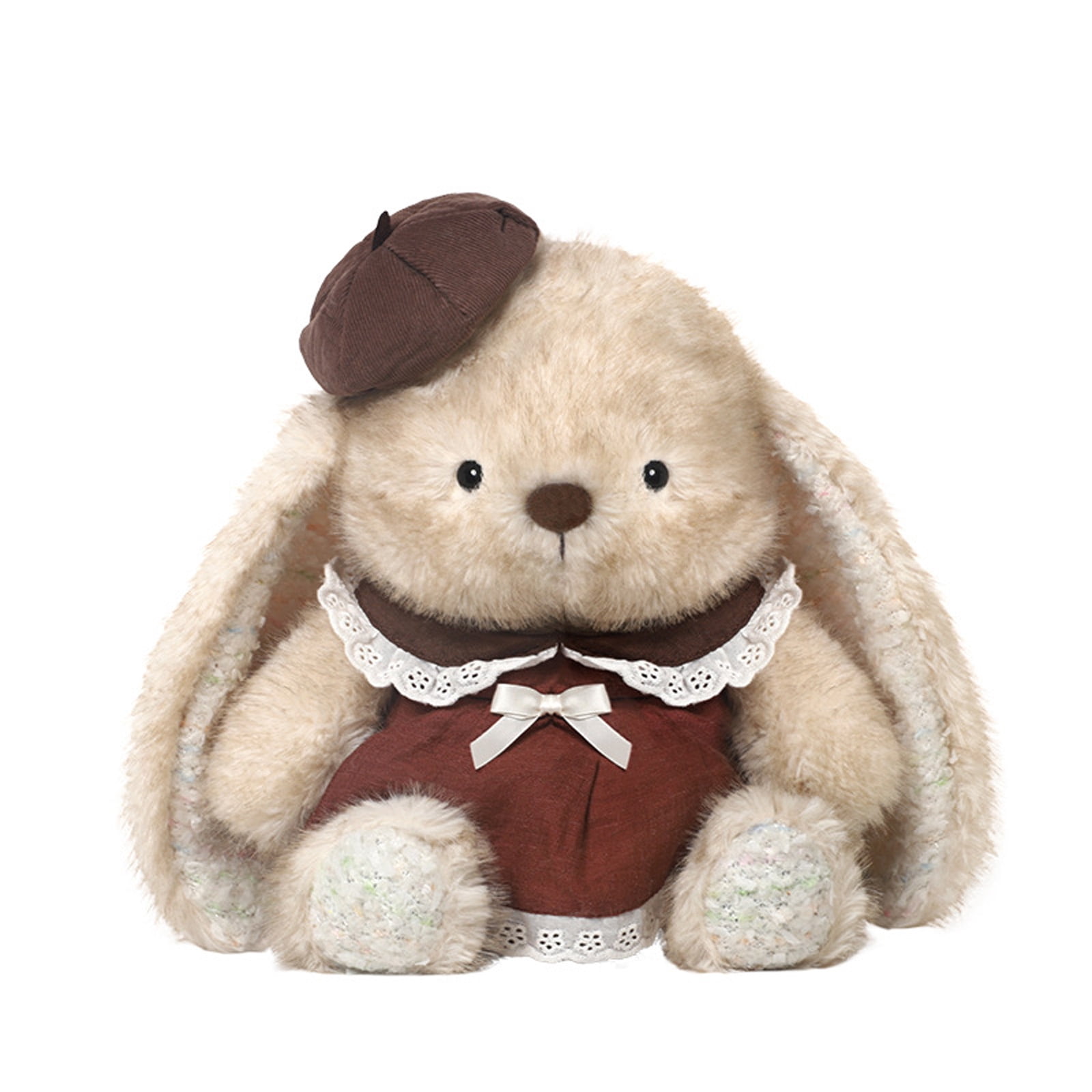Rabbit Plush Toy - Retro Beret, Reddish-Brown Lace Dress, Colorful Dot ...