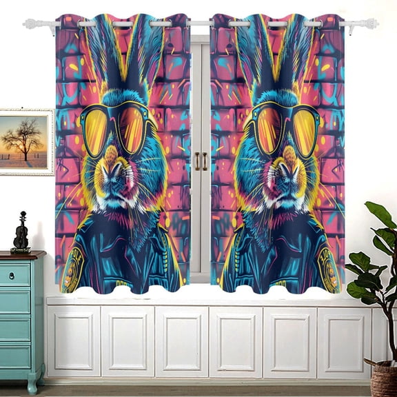 Rabbit Police Officer Curtain Black Out Thermal Insulation Curtains Aesthetic 54 Inch Length for Bedroom Living Room 2 panels set