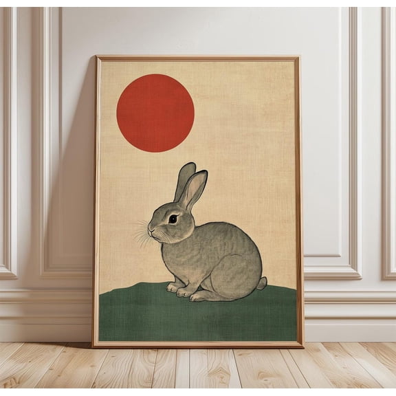Rabbit Poster Minimal Animal Wall Art Japanese Sun Black Bunny Art, Unframed Poster
