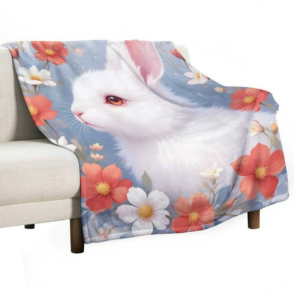 Rabbit Print Flannel Blanket Novelty Pattern Nap Blanket Sofa Room Office Soft Throw Blanket Outdoor Camping Warm Blanket