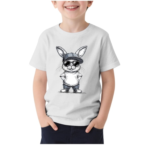 Bunny Print Loose Short Sleeve T-Shirt for Kids, Round Neck Casual Top for 2-13 Years