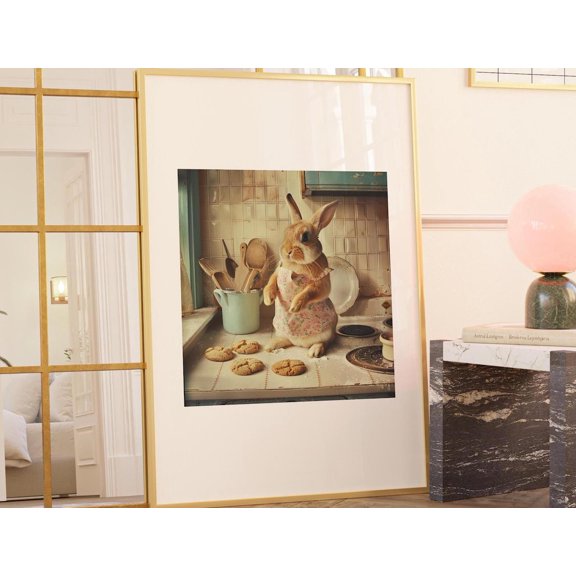 Rabbit Print Victorian Cook Serving Cake Kitchen Art, Unframed Canvas 16x20in