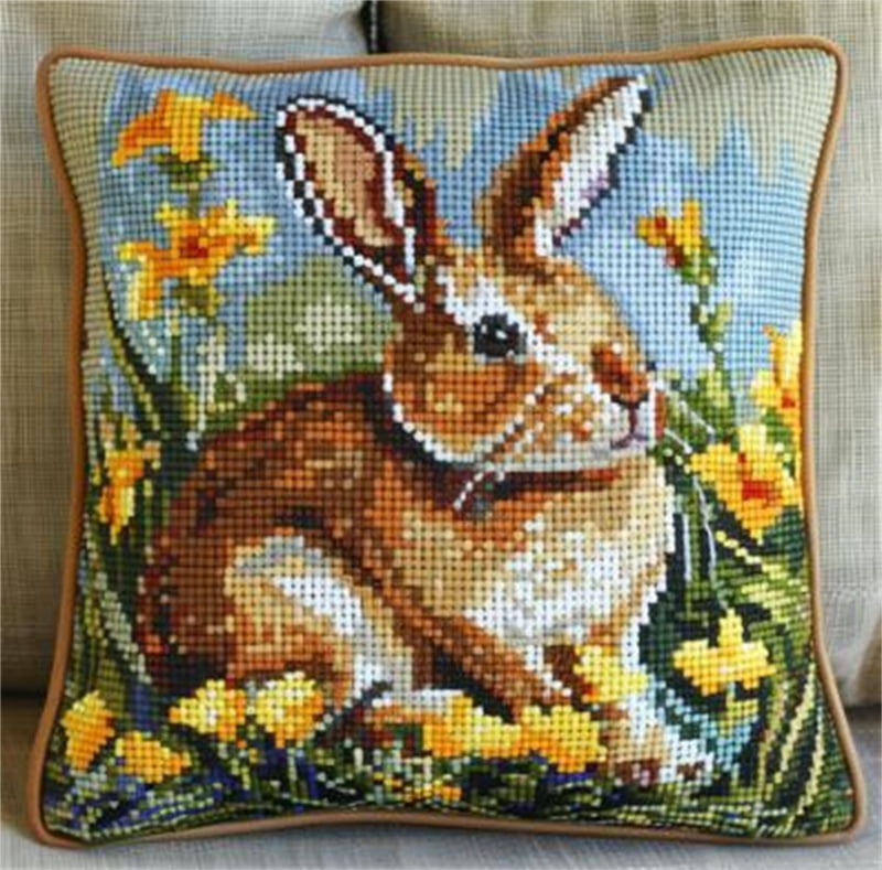 Rabbit Printed Cross Stitch Pillow Case Kits , 45X45cm , Cross Stitch Kits for Adults (11ct)