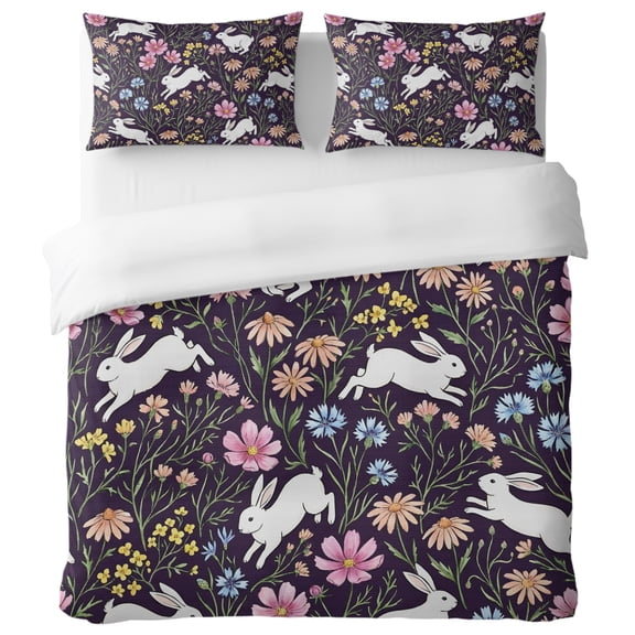 Rabbit Queen Duvet Cover Set, Rustic Cottagecore Nature Wildlife Floral Pink Blue Flower Decorative 3 Piece Bedding Set with Zipper Closure Soft Breathable Microfiber Comforter Cover & 2 Pillowcases