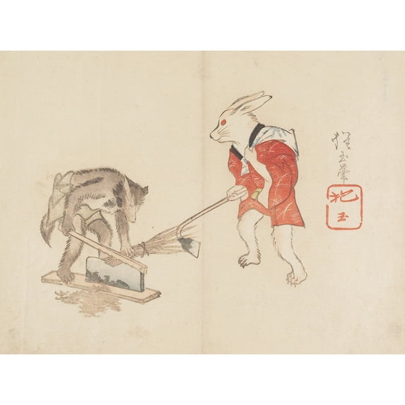 Rabbit Raccoon Chopping Straw 1830s Yamada Hogyokue Extra Large XL Wall Art Poster Print