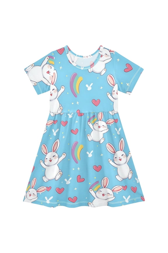 Rabbit Rainbow Short Sleeve Dress A-Line Cute Midi Casual Sundress 2-8 Years