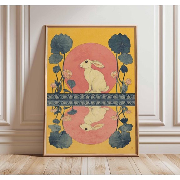 Rabbit Reflection Art Print Lotus Flower Illustration Whimsical Animal Wall Decor