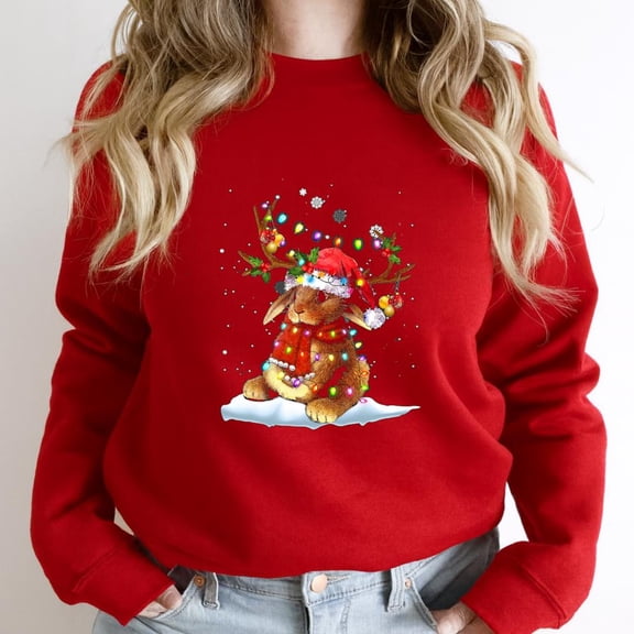Rabbit Reindeer With Xmas Lights Funny Holiday Bunny Graphic - Perfect Birthday Present SW1668 Unisex Sweatshirt, Up to Size 5XL