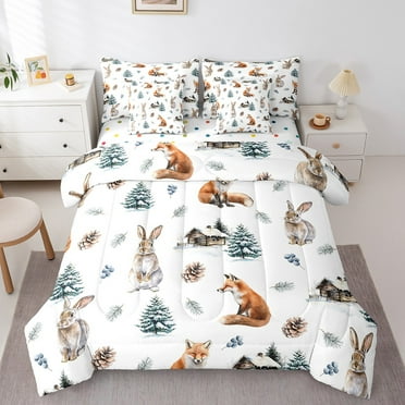 Rabbit Rustic Cabin Twin Comforter Set 7 Piece,Winter Fox Wildlife Pet Farmhouse Animal Bed in a Bag with Sheet Set,Snow Xmas Tree Leaves Bed Sheets,Retro Vintage Pinecone Bedding Set