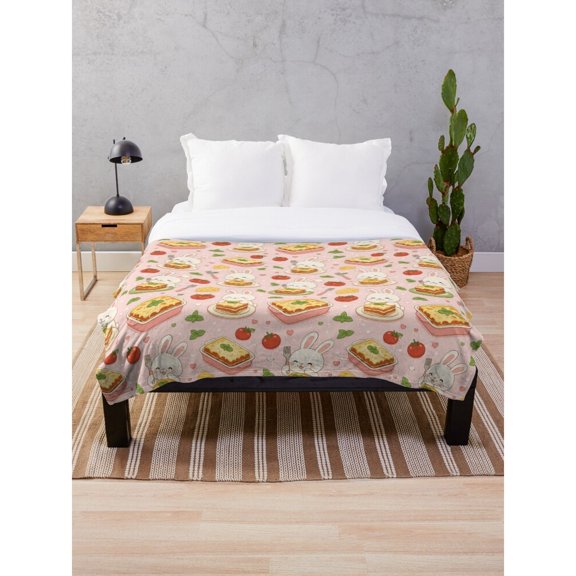 Rabbit, Sandwich, Tomato and Leaf Pattern Pink Fleece Blanket, Polyester Fleece Fabric, 280 GSM, Whimsical Food Style