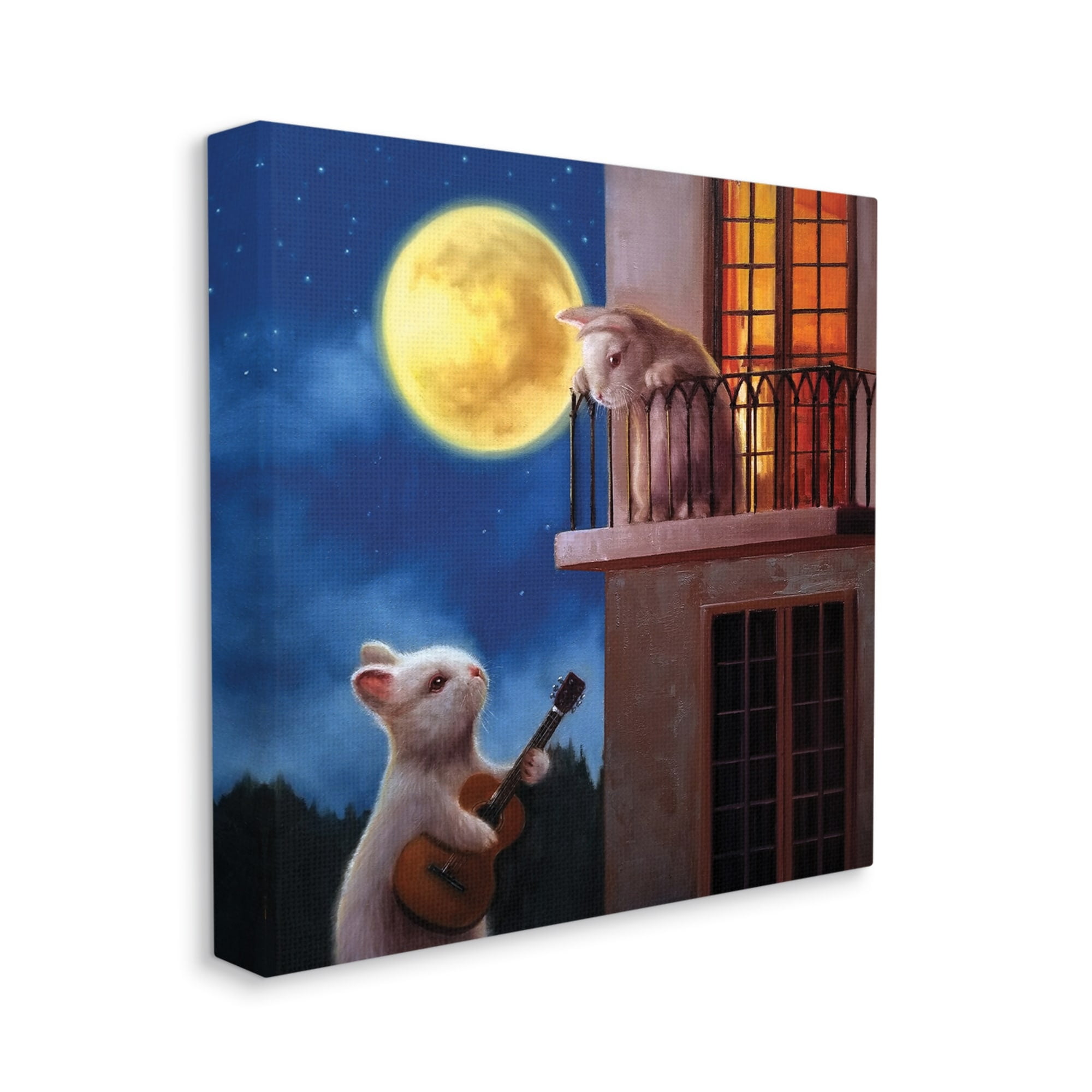 Rabbit Serenading Bunny on Balcony Night Sky Animals & Insects Gallery-Wrapped Canvas Print Wall Art, 17x17