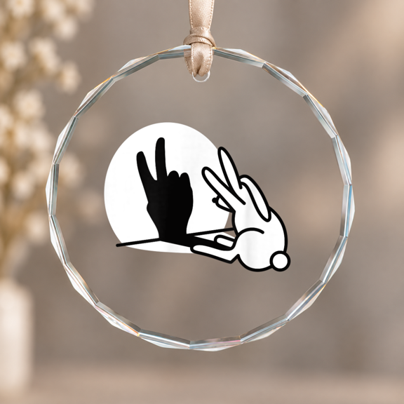 Rabbit Shadow Hand Peace Sign Theme Ornament, Hanging Decor, Circle Glass Ornament