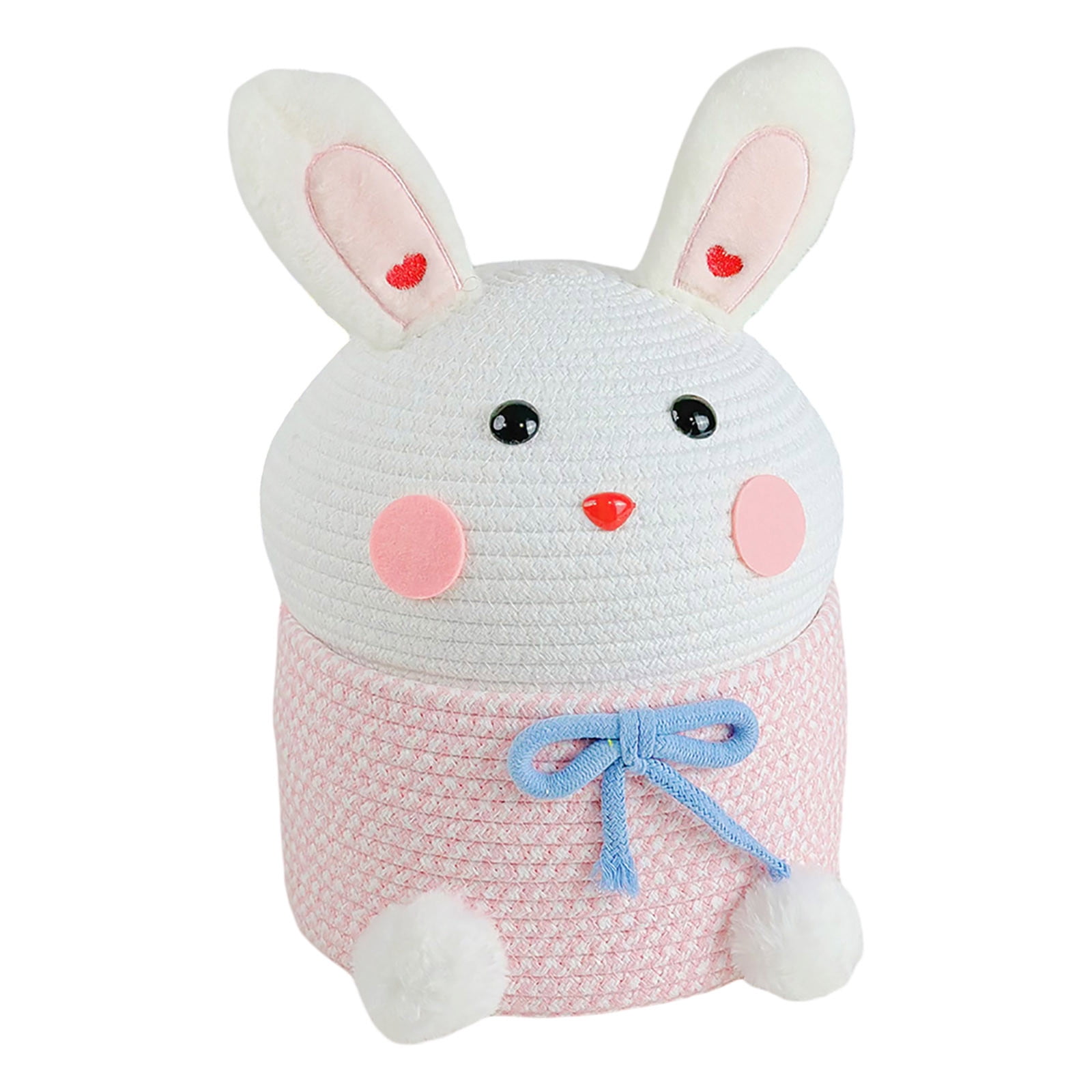 Rabbit Shape Woven Storage Basket with Lid - Easter Home Organizer for Clothes & Picnic, Heart Ear & Bowknot Decor (14 Inch)