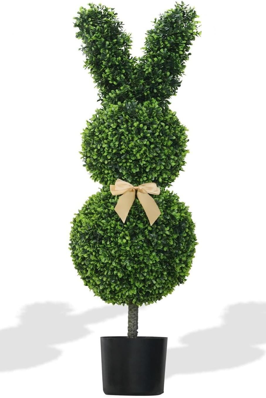 Rabbit Shaped Topiary Trees – 27 inches High Easter Artificial Boxwood – Easter Rabbit Swaying Ears and Brown Bow Tie – UV-Resistant – Easter Indoor & Outdoor Decor