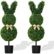 Rabbit Shaped Topiary Trees – 29IN High Artificial Boxwood – Swaying Ears and Brown Bow Tie – UV-Resistant – Indoor & Outdoor Decor Easter Decorations