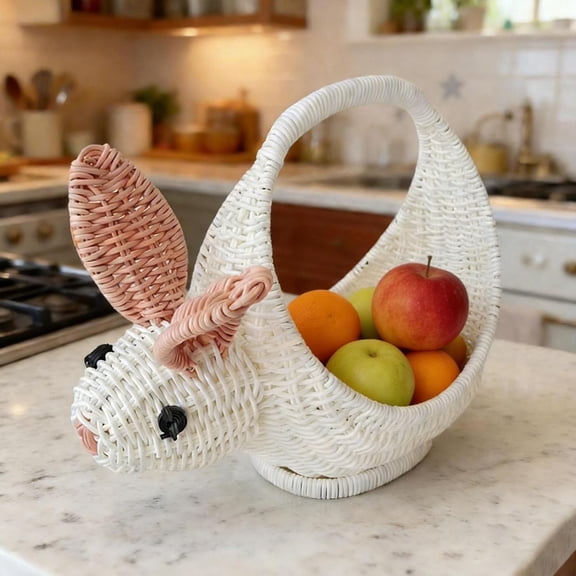 Rabbit Shaped Wicker Basket, Handwoven Rattan Fruit Tray with Handle, Cute Animal Storage Bin for Easter Eggs, Nursery Decor, and Kitchen Counter