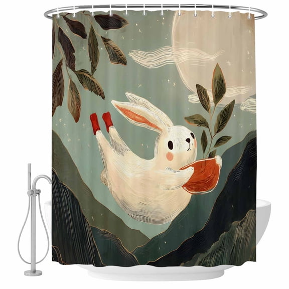 Rabbit Shower Curtain, Waterproof Shower Curtains for Bathroom, Oriental Night Sky Full Moon Mountains Leaves Washable Fabric Bathtub Curtain Set Bath Decor with 12 Hooks 48"x72"
