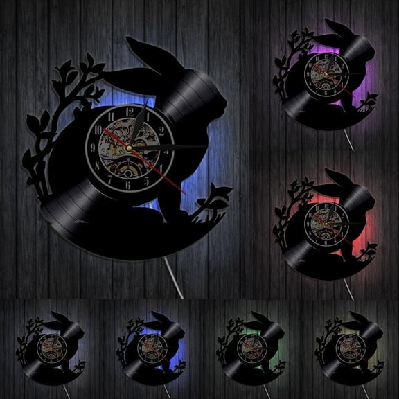 Rabbit Silhouette Wall Clock Woodland Animal Nursery Art Baby Room Vinyl Record Wall Clock Bunny Decorative Clock Gift For Kids