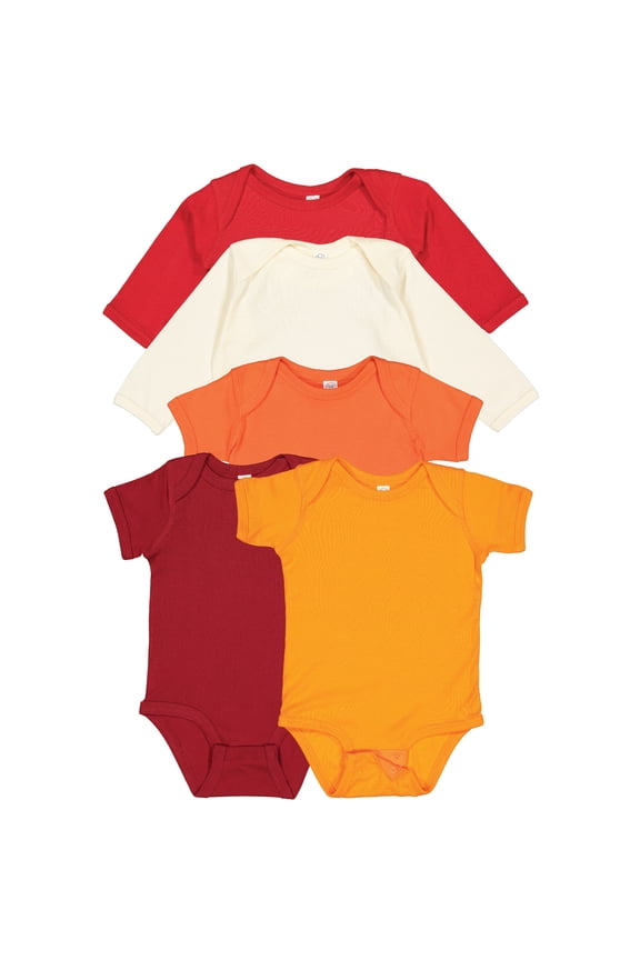 , 5-Pack 100% Cotton Baby Rib Long Sleeve + Short Sleeve Bodysuit, Fall Sunset: Red/ Natural/ Orange/ Garnet/ Mandarin, 12 Months