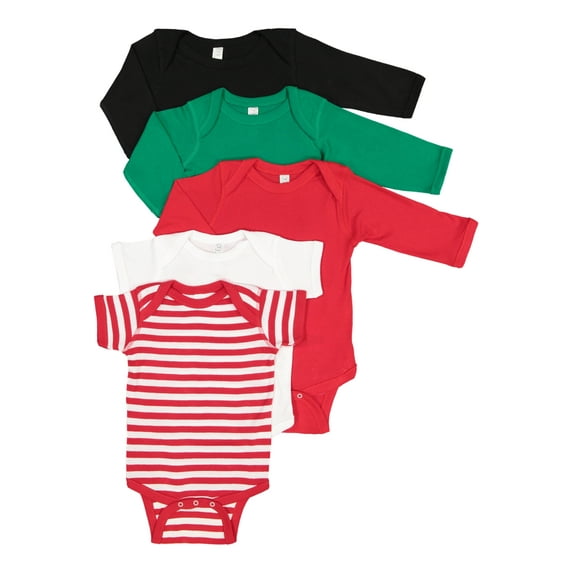 Rabbit Skins, 5-Pack 100% Cotton Baby Rib Long Sleeve + Short Sleeve Bodysuit, Santa- Black, Kelly, Red, White, Red/White Stripe, 12 Months