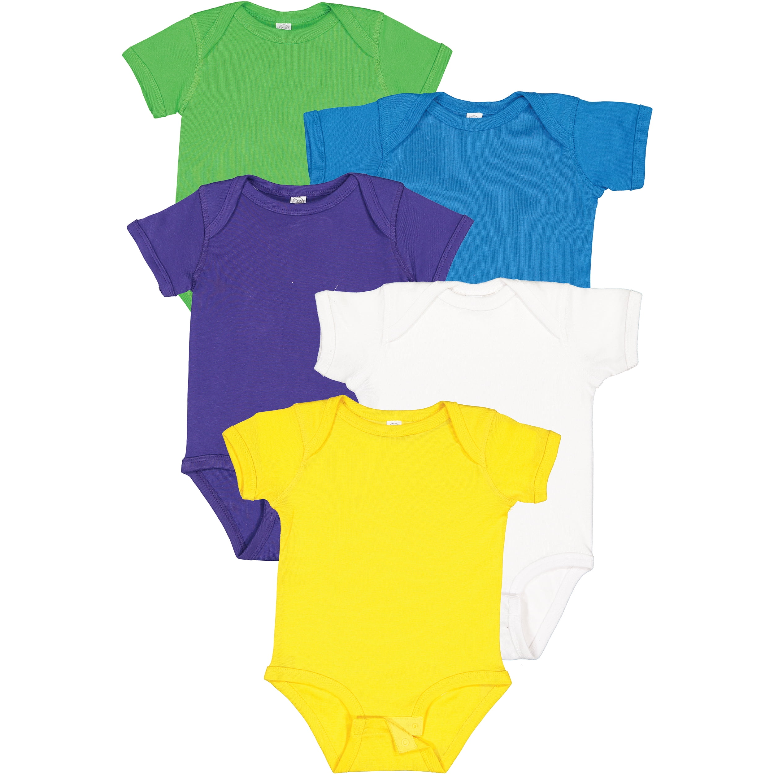 Rabbit Skins Baby Bodysuits, Girls & Boys, Newborn to 24 Months, 5-Pack Set, Snap Closure, Multi-color, Cotton , Be Happy: Apple/ Cobalt/ Purple/ White/ Yellow, 6 Months