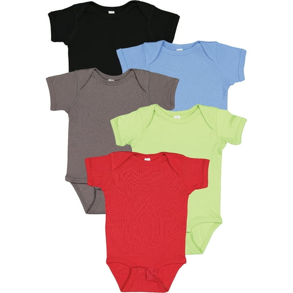 Rabbit Skins Baby Bodysuits, Girls & Boys, Newborn to 24 Months, 5-Pack Set, Snap Closure, Multi-color, Cotton , Beyond Basic: Black/ Carolina Blue/ Charcoal/ Key Lime/ Red, 6 Months