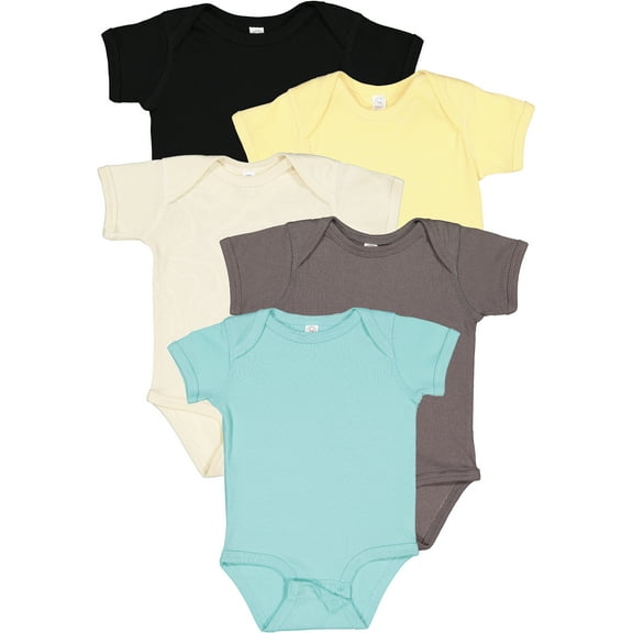 Rabbit Skins Baby Bodysuits, Girls & Boys, Newborn to 24 Months, 5-Pack Set, Snap Closure, Multi-color, Cotton , Born Free: Black/Banana/Natural/Charcoal/Chill, Newborn