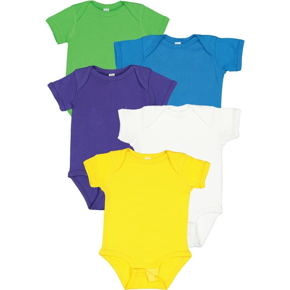 Rabbit Skins Baby Bodysuits, Girls & Boys, Newborn to 24 Months, 5-Pack Set, Snap Closure, Multi-color, Cotton , Be Happy: Apple/ Cobalt/ Purple/ White/ Yellow, 12 Months