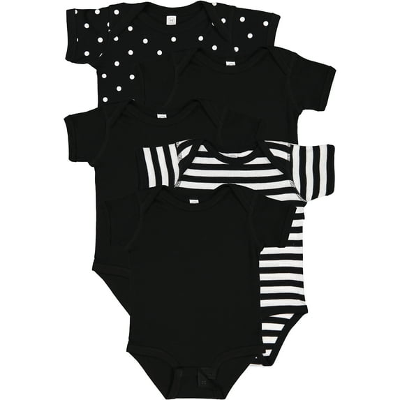 Rabbit Skins Baby Bodysuits, Girls & Boys, Newborn to 24 Months, 5-Pack Set, Snap Closure, Multi-color, Cotton , Rock-a-bye: Black White Dot/Black/Black/Black White Stripe/Black, 18 Months