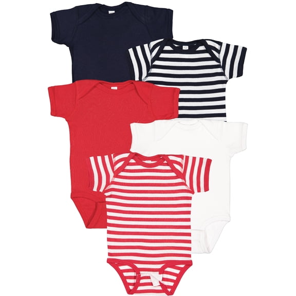 Rabbit Skins Baby Bodysuits, Girls & Boys, Newborn to 24 Months, 5-Pack Set, Snap Closure, Multi-color, Cotton , Stars and Stripes: Red/Navy/White/Navy White Stripes/Red White Stripes, 6 Months