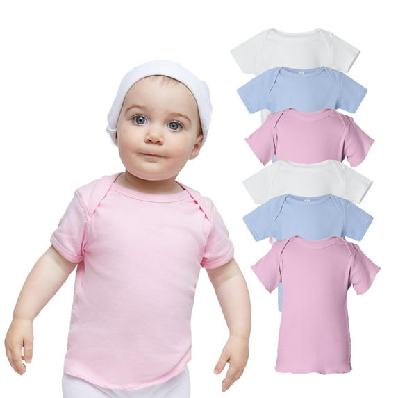 Rabbit Skins - Baby T shirt, Infant Baby Rib Tee, Assorted Colors - Pack 6 | Short Sleeve, Crew Neck | 100% Cotton, 5 oz | Size: 9 Months
