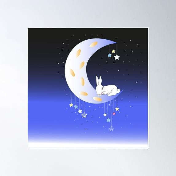 Rabbit Sleep On Moon Cute Children Print. Poster Wall Art, Modern Wall Decor, 30x30 UNFRAMED