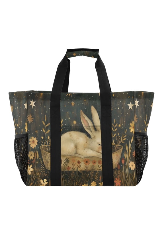 Rabbit Sleep in Boat Reusable Grocery Bags with Handle Side Pocket Waterproof Shopping Portable Tote