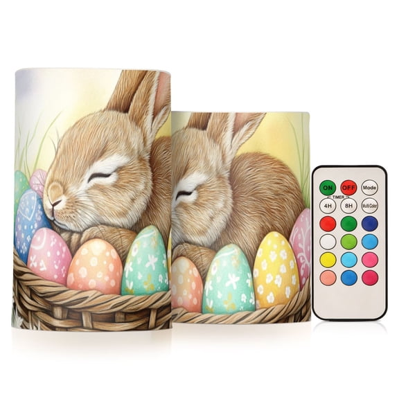 Rabbit Sleeping in Easter Basket Eggs Flickering Flameless Candles LED Tealight Battery Operated with Remote Set of 2 Holiday Decor Ornaments