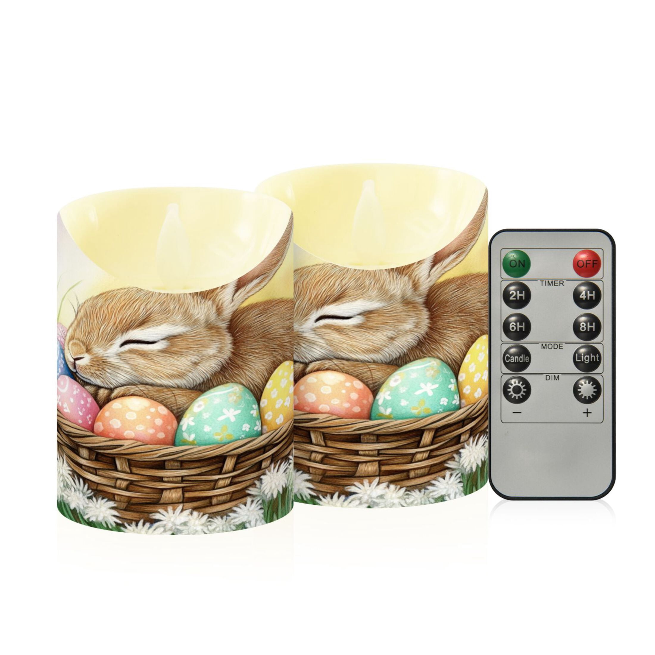Rabbit Sleeping in Easter Basket Eggs Flickering Flameless Candles with ...