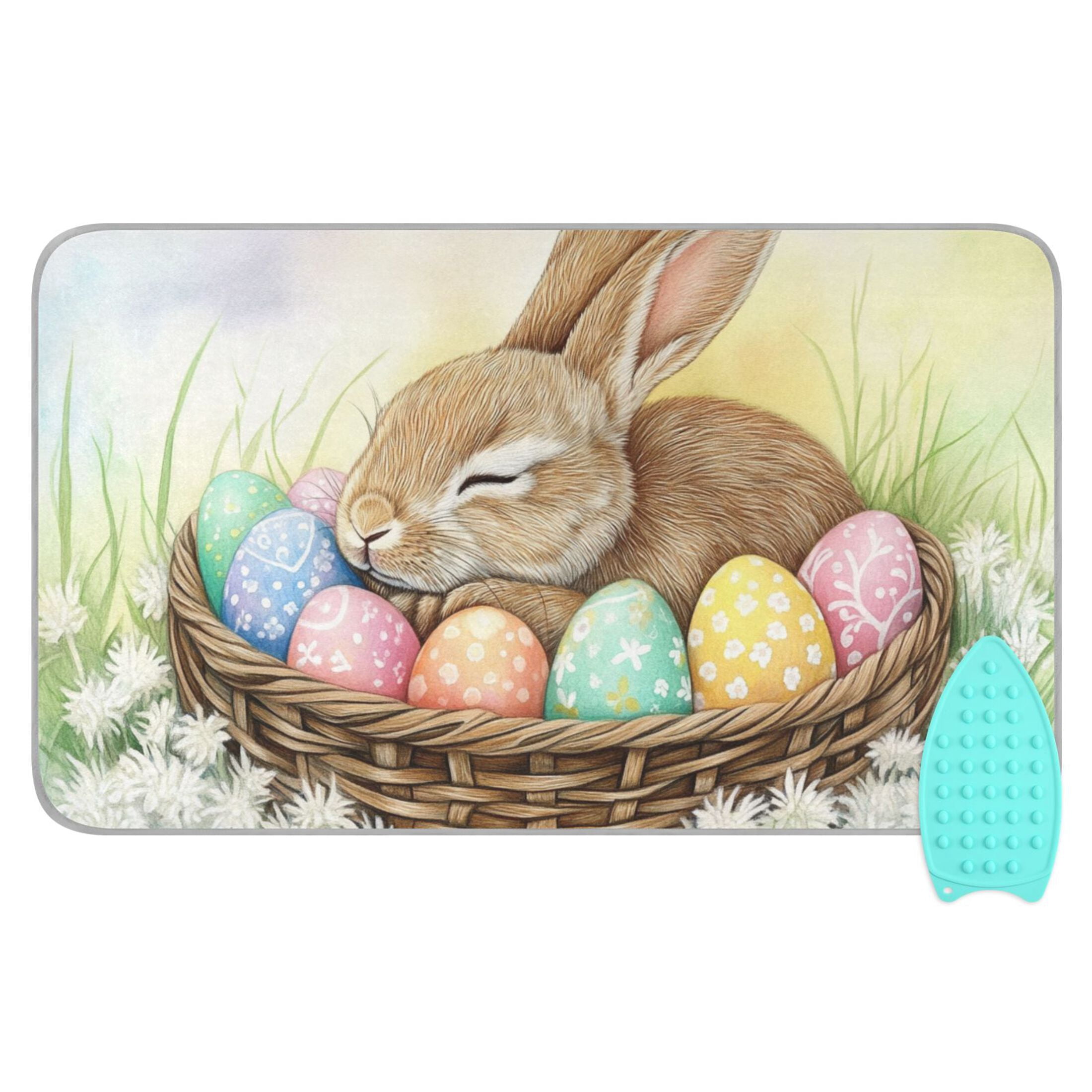 Rabbit Sleeping in Easter Basket Eggs Ironing Mat Blanket Portable Travel Ironing Pad Heat Resistant Pad 47.2" x 27.6”