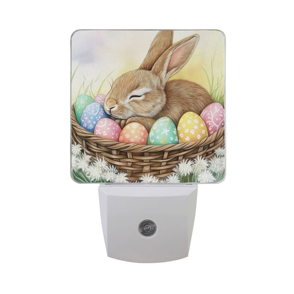Rabbit Sleeping in Easter Basket Eggs LED Night Light with Smart Sensor Plug Into Wall Dusk to Dawn 2 packs