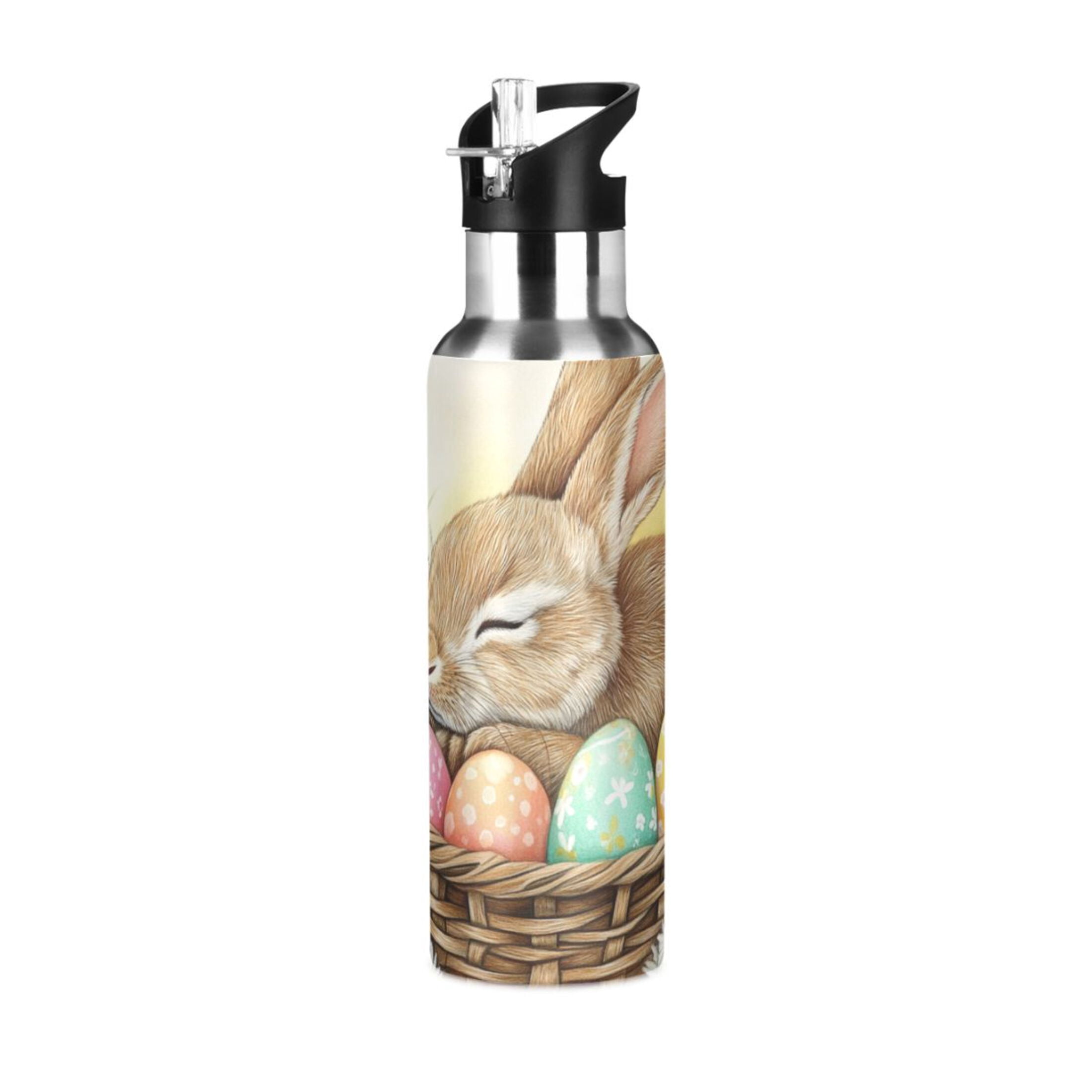 Rabbit Sleeping in Easter Basket Eggs Sports Bottle with Straw Stainless Steel Water Jug Portable Thermal Cup Leak-proof 1000ML