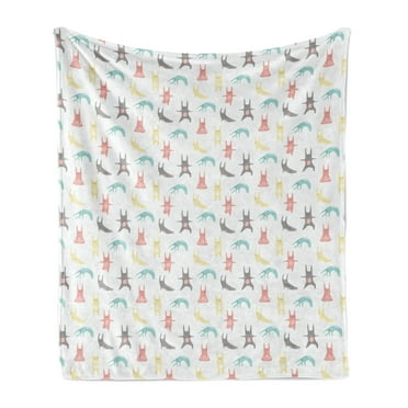 Rabbit Soft Flannel Fleece Blanket, Cartoon Style Composition of Bunnies Doing Yoga Poses on Abstract Design Background, Cozy Plush for Indoor and Outdoor Use, 50" x 60", Multicolor, by Ambesonne