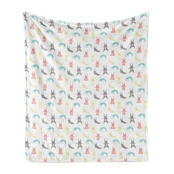 Rabbit Soft Flannel Fleece Blanket, Cartoon Style Composition of Bunnies Doing Yoga Poses on Abstract Design Background, Cozy Plush for Indoor and Outdoor Use, 50" x 60", Multicolor, by Ambesonne