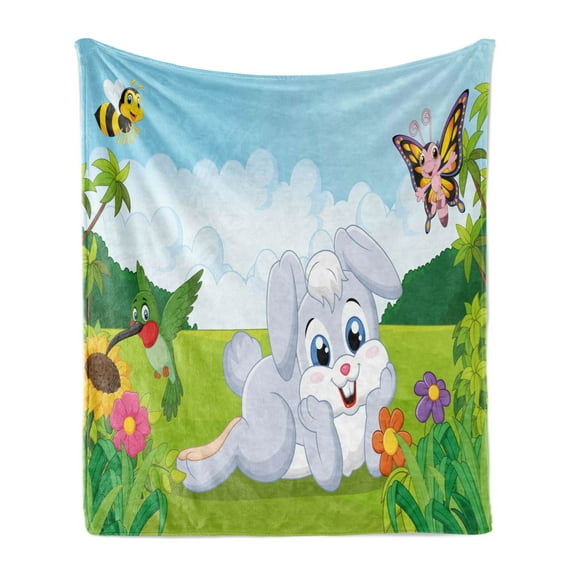 Rabbit Soft Flannel Fleece Throw Blanket, Rodent on the Grass Bee and Butterfly Birds Flowers Children Cartoon Fun Design, Cozy Plush for Indoor and Outdoor Use, 50" x 60", Multicolor, by Ambesonne