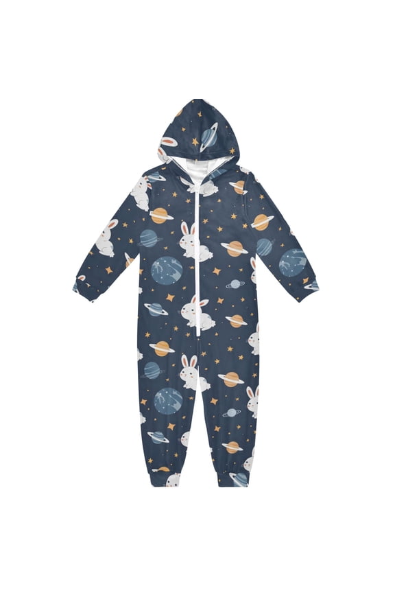 Rabbit Space Pattern One Piece Pajamas Soft Jumpsuit Cozy Sleep and Play Romper Zipper and Pockets 13Y-14Y