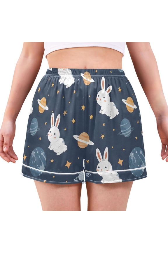 Rabbit Space Pattern Women's Pajama Shorts Silky Satin Casual Lounge Sleep Zero Pressure