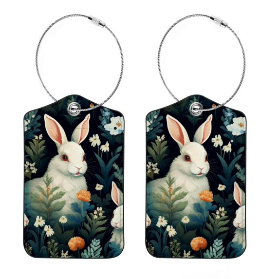 Rabbit Square PU Leather 2 Pack Travel Tag - Bag Tag - Suitcase Tag with Privacy Cover and Stainless Steel Ring - Suitable for Travel, Backpack, and Handbag
