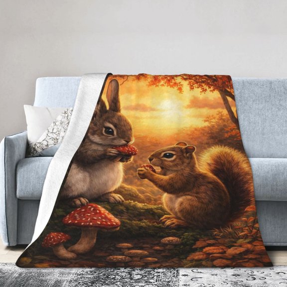 Rabbit Squirrel Blanket Gift Cozy Soft Home Decor Featuring Rabbit and Squirrel with Mushrooms 50x40