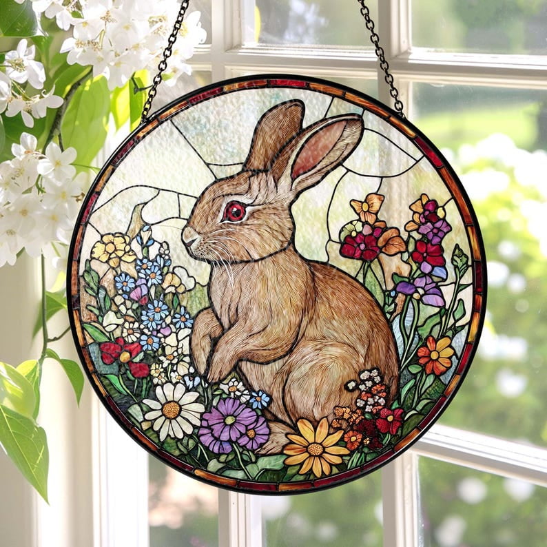 Rabbit Stained Glass Suncatcher, Easter Bunny Decor, Easter Suncatcher ...