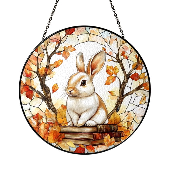 Rabbit Stained Glass Suncatcher Window Hanging, Autumn Leaves Mosaic Round Glass Art Panel, Woodland Inspired Decorative Window Decor Gift