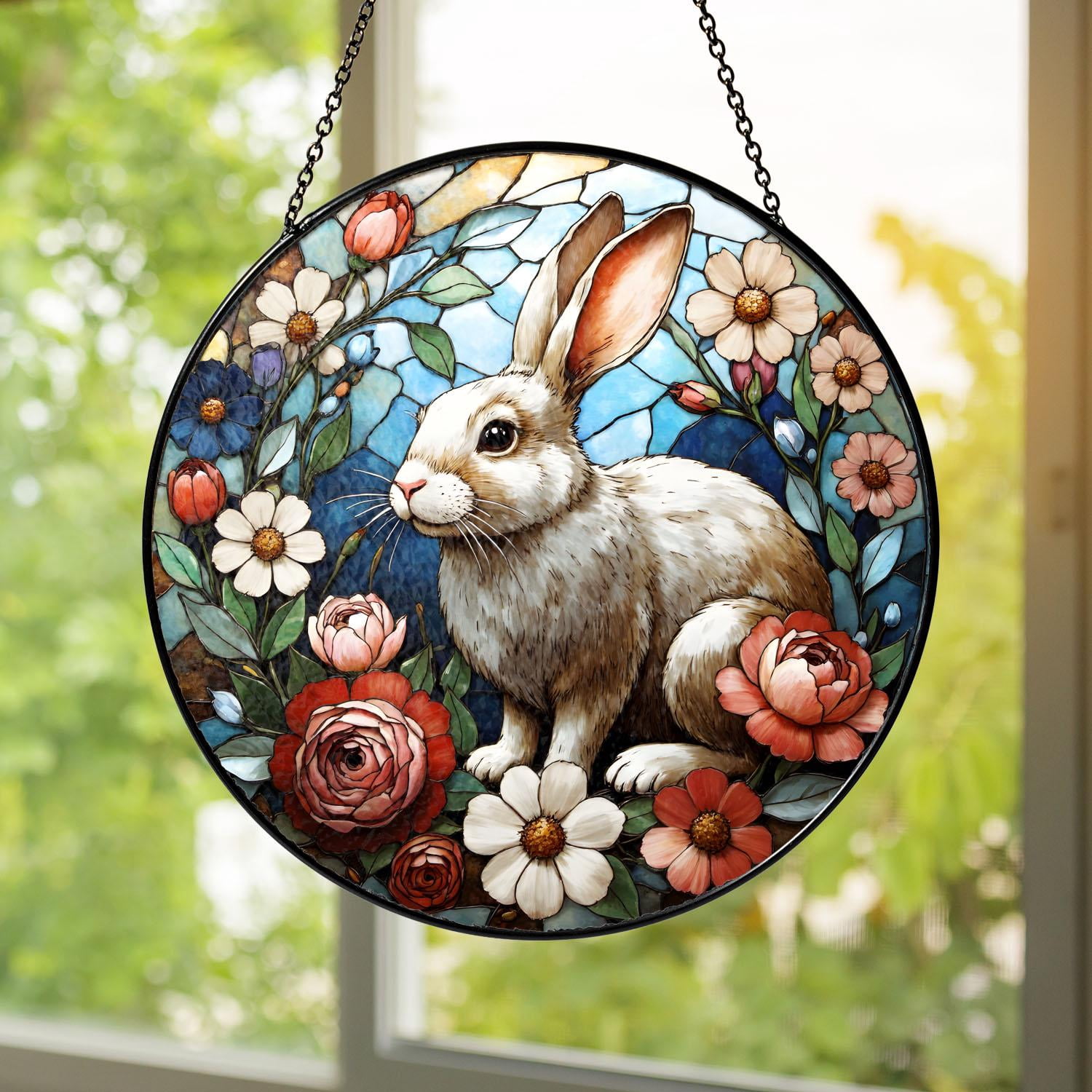 Stained Glass Spring Rabbit Rabbit Stained Glass Suncatcher Window Hanging Bunny Flowers Floral ...