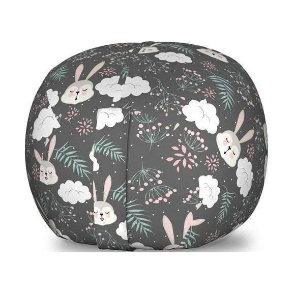 Rabbit Storage Toy Bag Chair, Design with Sleeping Funny Bunnies Fluffy White Clouds and Flowers, Stuffed Animal Organizer Washable Bag, Large Size, Multicolor, by Ambesonne